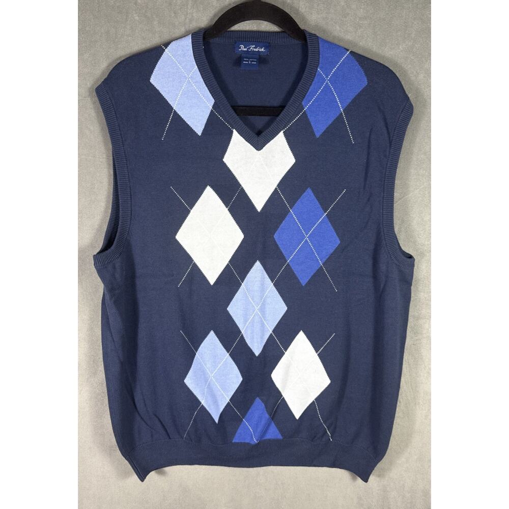 Paul Fredrick Luxury Knit Argyle Sweater Vest Mens Large Navy V-Neck Soft